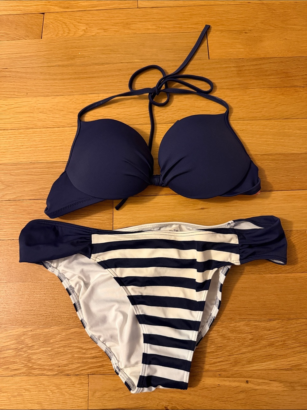 Navy Halter Push-Up Bikini Top with Striped Bottom - Women Swim